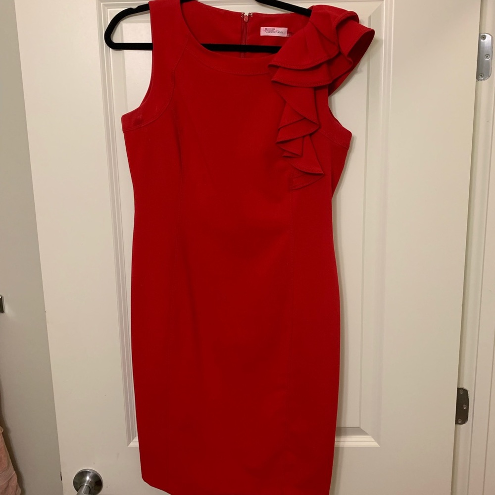 Calvin Klein Red Ruffle Shoulder Dress